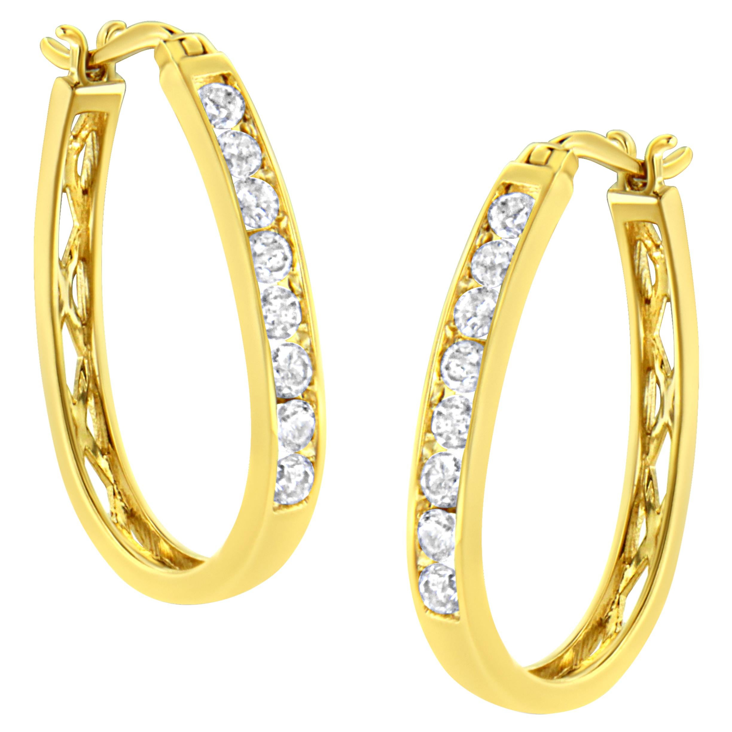 14K Yellow Gold Plated Sterling Silver Brilliant Round Diamond Hoop Earrings