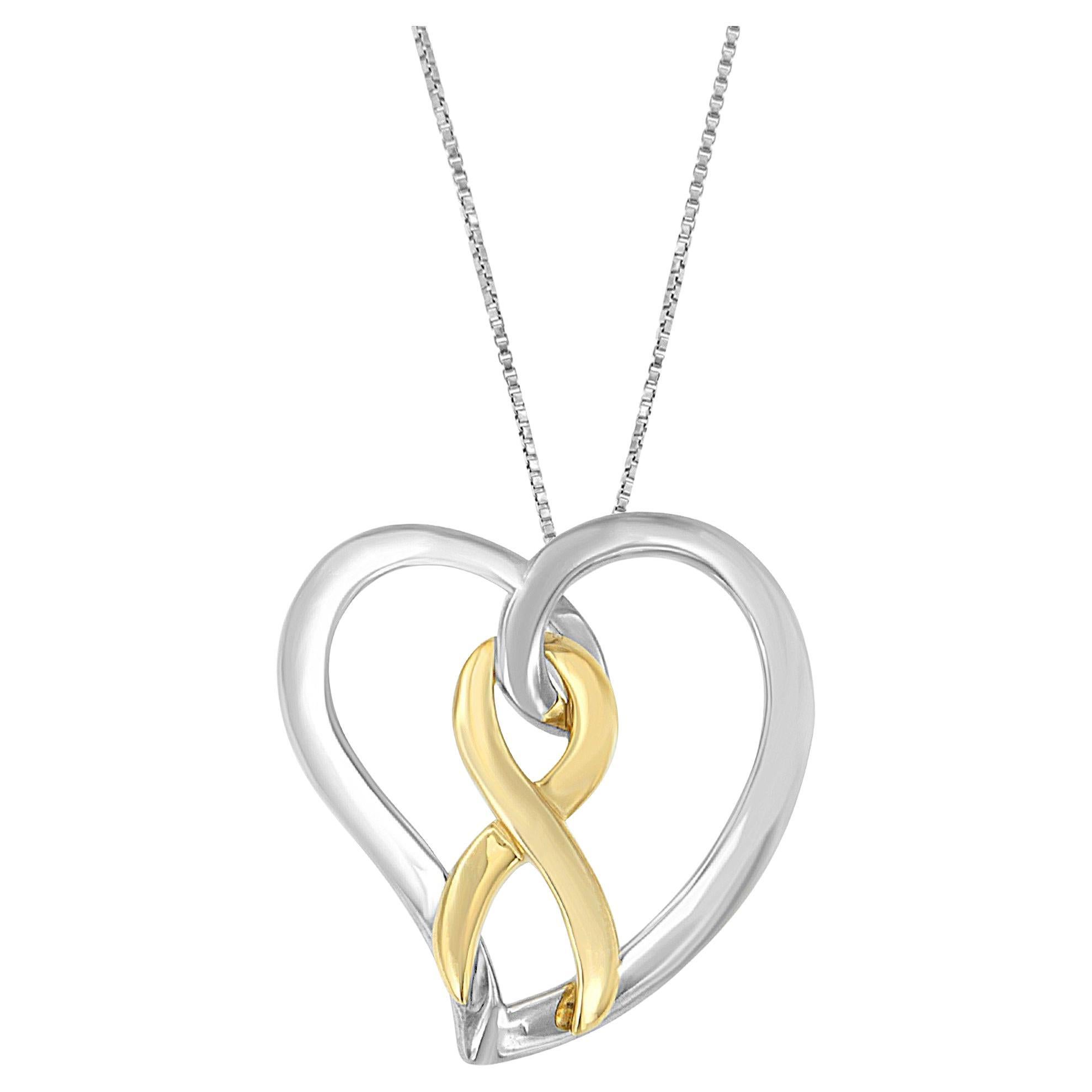 14K Yellow Gold Plated Sterling Silver Elegant Heart Bow Pendant Necklace