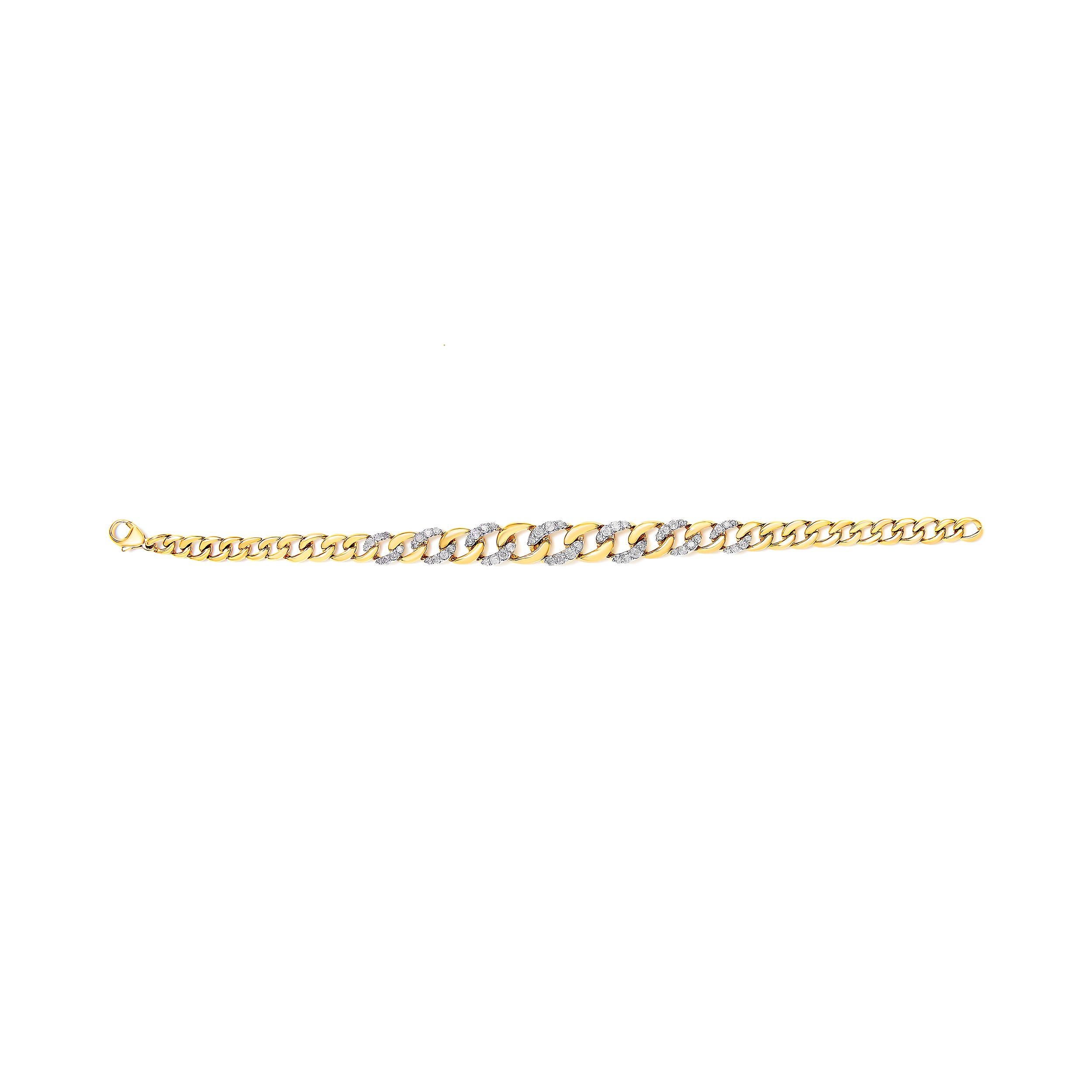 Pulsera Cubana de Plata de Ley Chapada en Oro Amarillo de 14 K con Diamantes Redondos de 1 1/4 cttw Moderno en venta