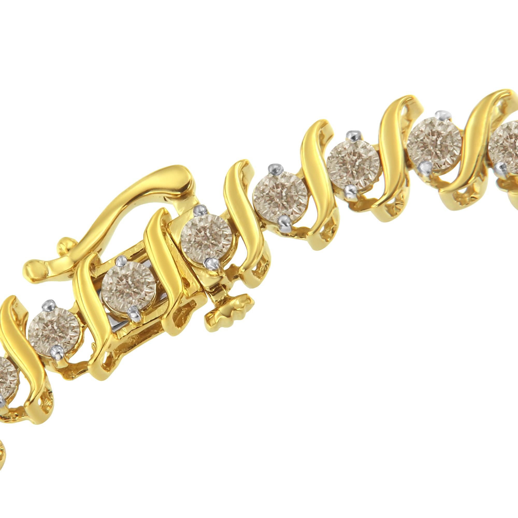 A stunning link bracelet that glistens with round diamonds set within S-shape links to add a timeless touch to this design. Crafted from 2 micron 14K Yellow gold plated .925 sterling silver, this bracelet elegantly puts the finishing touch on an