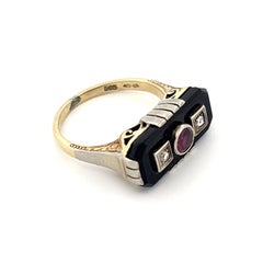 14K Yellow Gold & Platinum 1880s Onyx Ruby and Diamond Ring