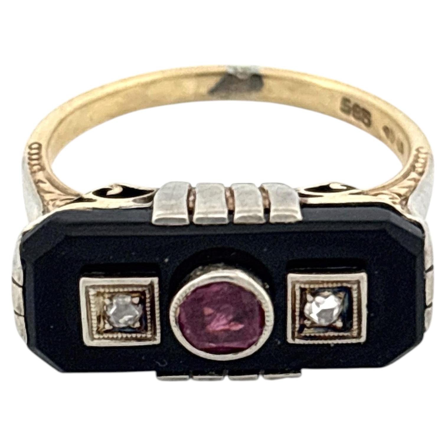 14K Yellow Gold & Platinum 1880s Onyx Ruby and Diamond Ring