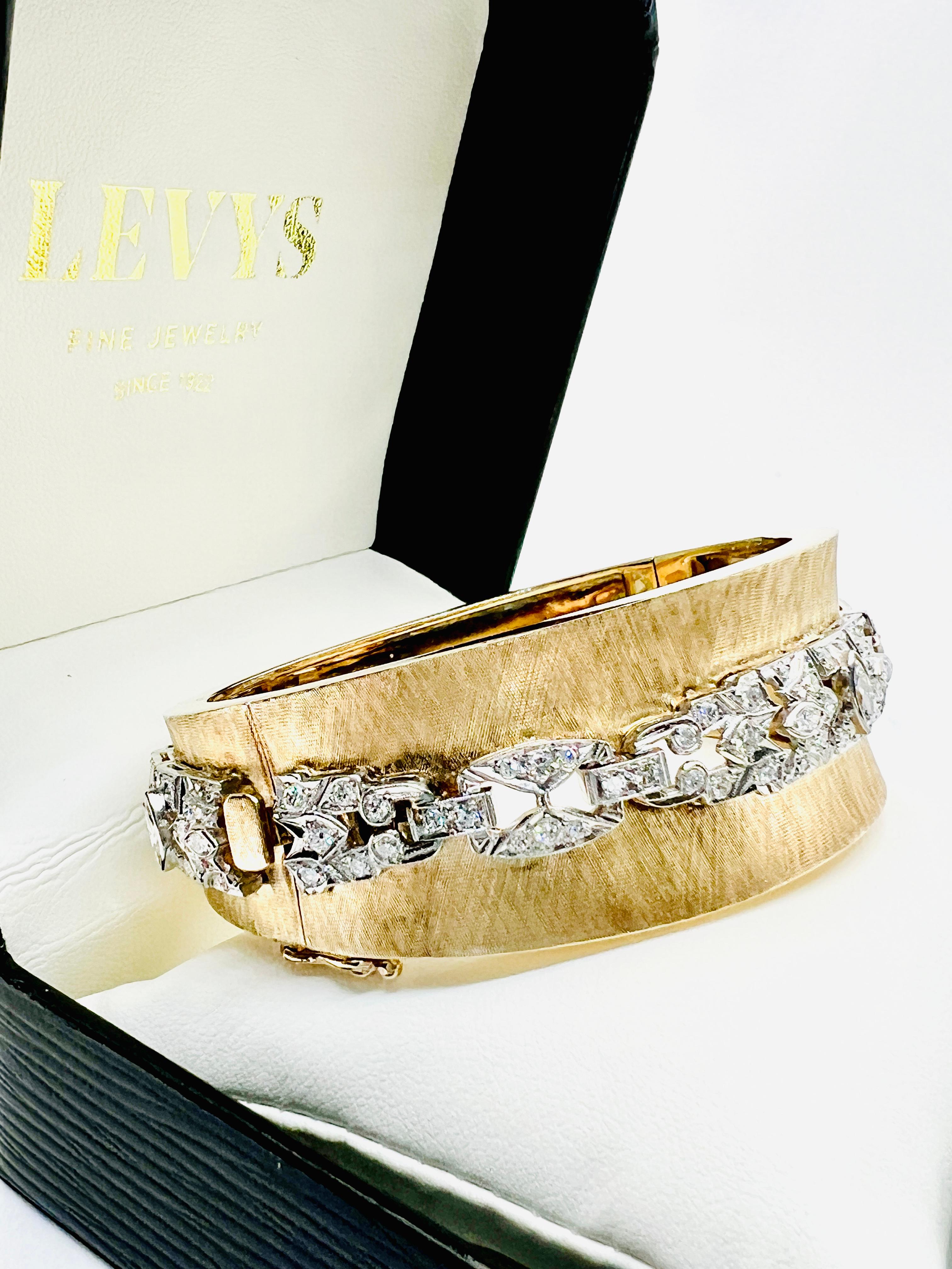 14K Yellow Gold, Platinum and Diamond Bangle Bracelet 67.8 grams  In Excellent Condition For Sale In Birmingham, AL