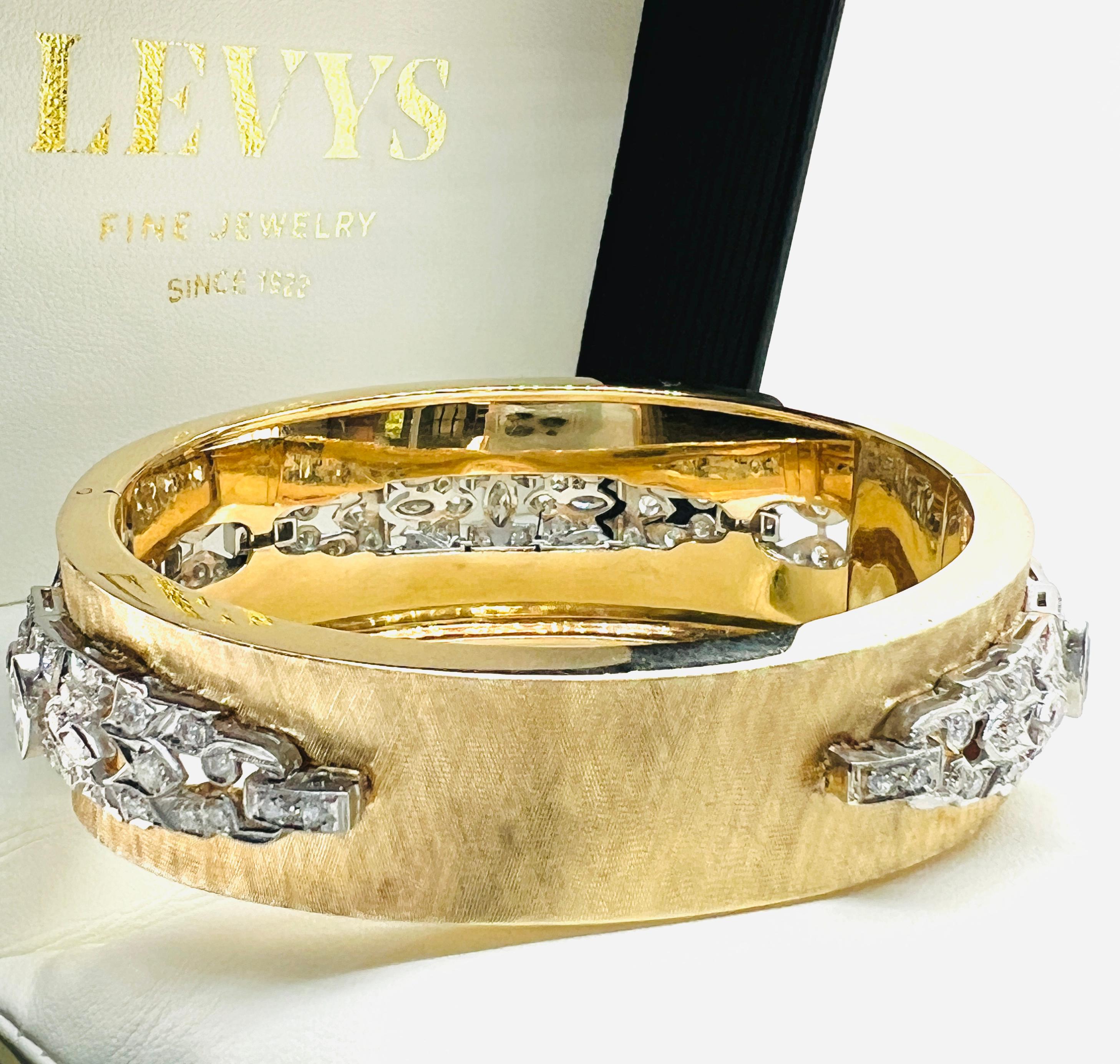 Women's or Men's 14K Yellow Gold, Platinum and Diamond Bangle Bracelet 67.8 grams  For Sale