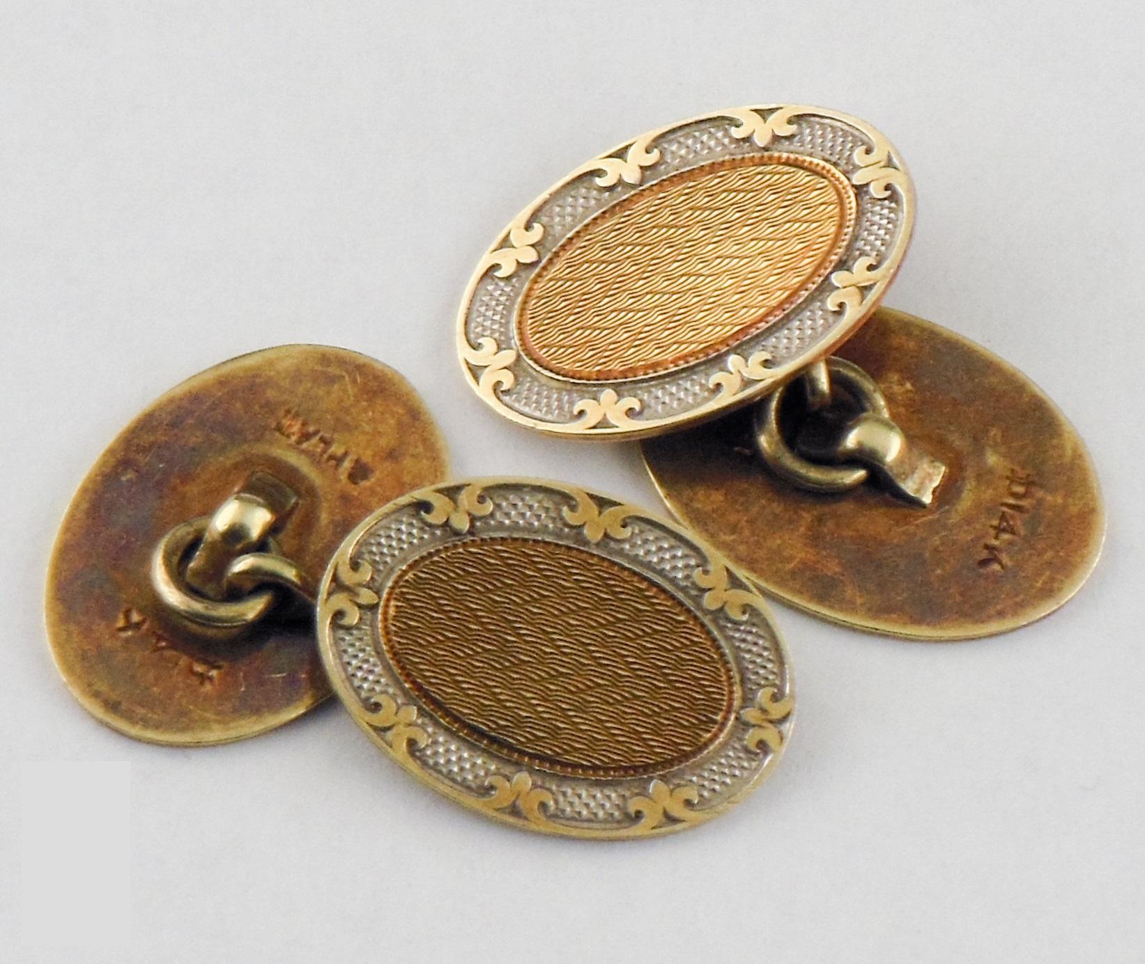14k Yellow Gold & Platinum Durand Cufflinks Vintage Nice Condition In Good Condition For Sale In Sherman Oaks, CA