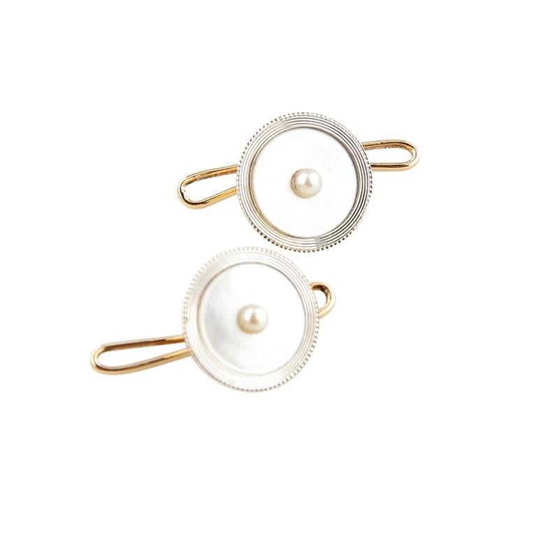 Art Deco 14k Yellow Gold & Platinum Mother of Pearl Cufflinks with Pearl Centre For Sale