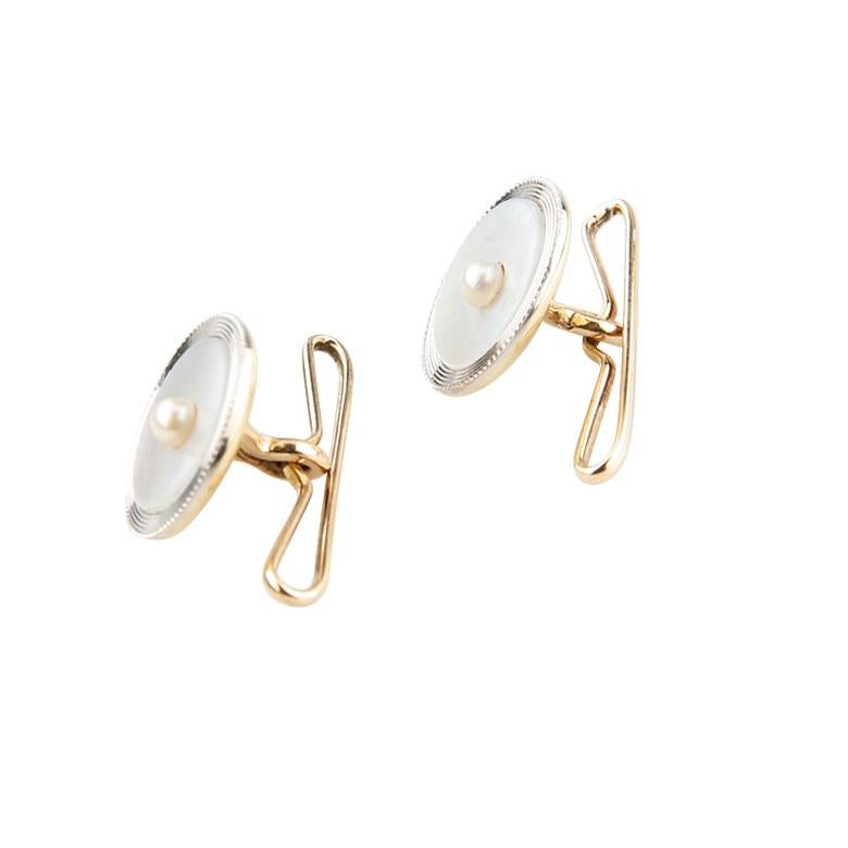 Uncut 14k Yellow Gold & Platinum Mother of Pearl Cufflinks with Pearl Centre For Sale