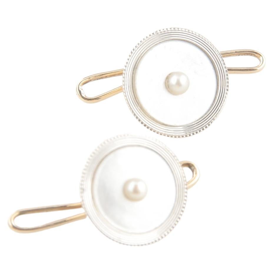 14k Yellow Gold & Platinum Mother of Pearl Cufflinks with Pearl Centre For Sale