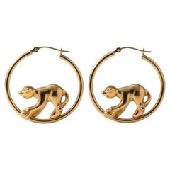 14K Gelbgold verspielte Katze Hoop Ohrringe #25077