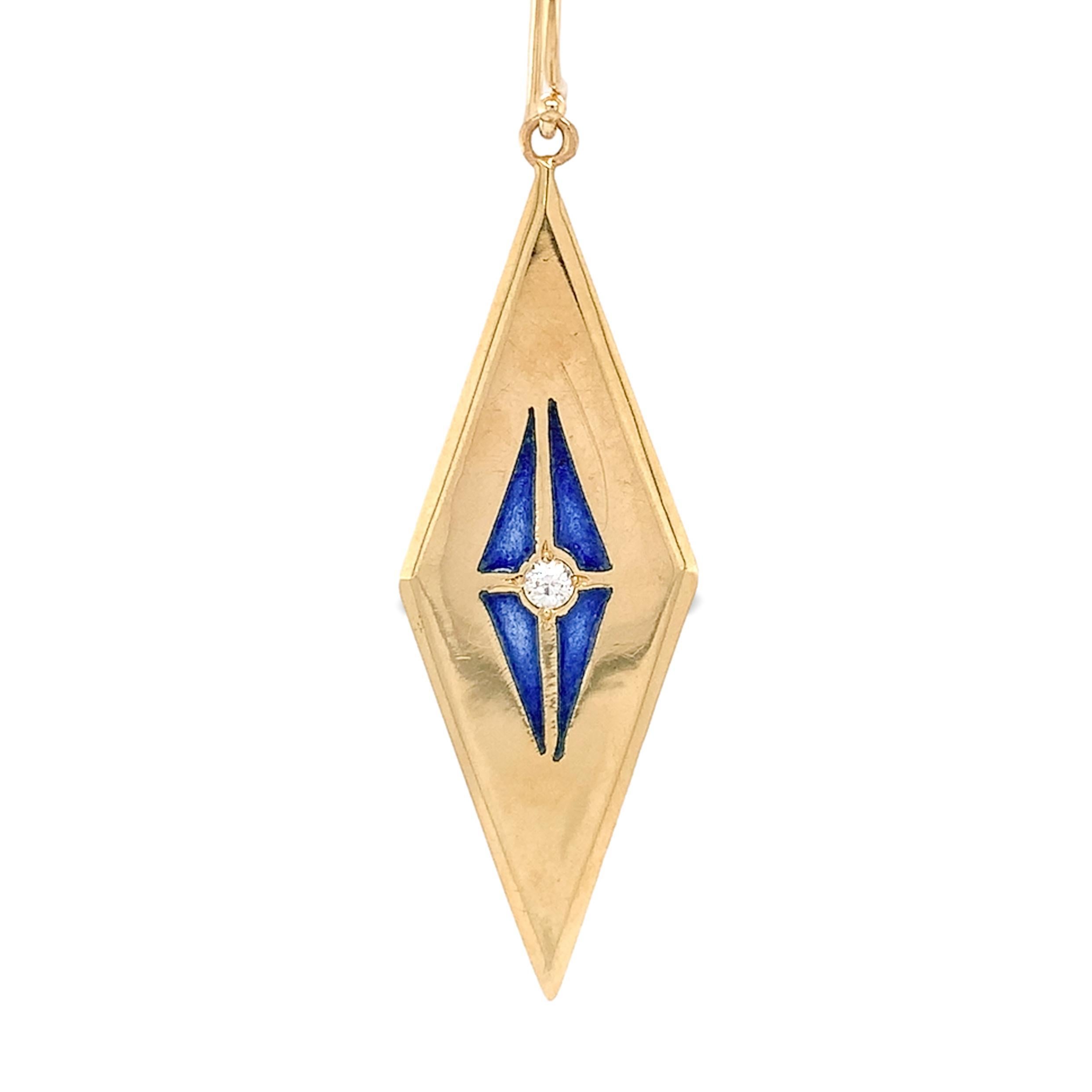 Brilliant Cut 14K Yellow Gold Plique-a-Jour Blue Enamel Diamond Drop Earrings For Sale