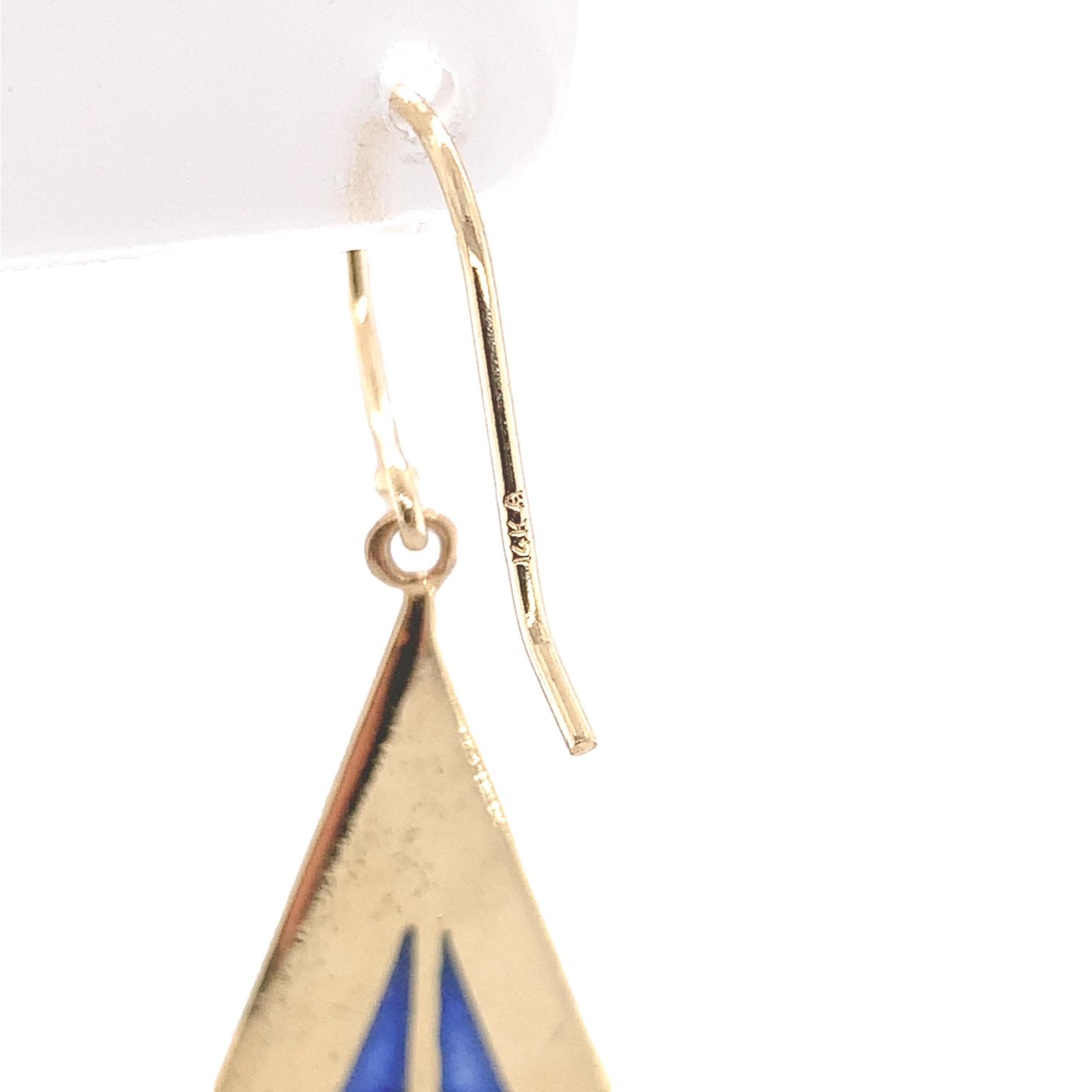 Women's 14K Yellow Gold Plique-a-Jour Blue Enamel Diamond Drop Earrings For Sale