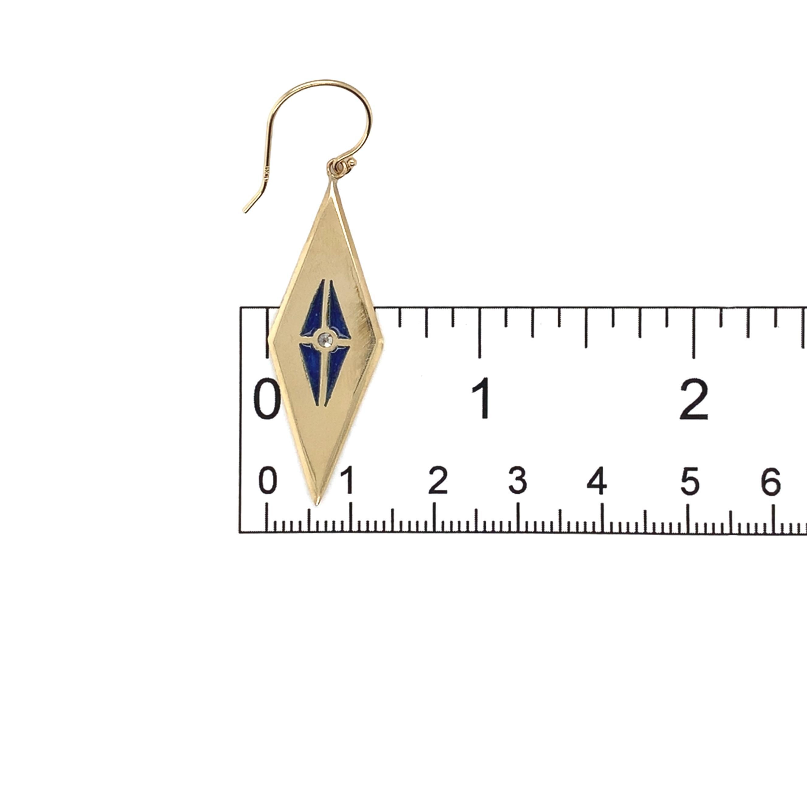 14K Yellow Gold Plique-a-Jour Blue Enamel Diamond Drop Earrings For Sale 2