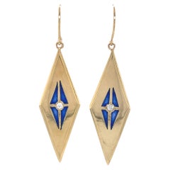 14K Yellow Gold Plique-a-Jour Blue Enamel Diamond Drop Earrings