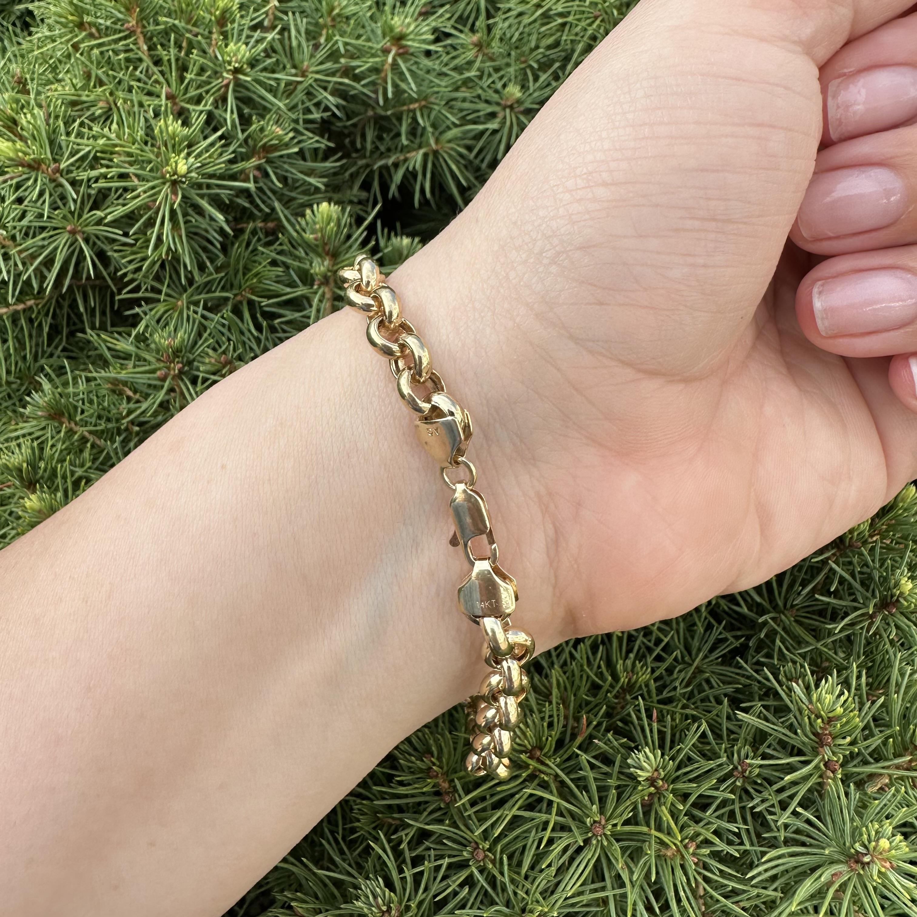 Women's or Men's 14k Yellow Gold Polished Finish Rolo Link Chain Bracelet w/ Lobster Claw Clasp For Sale