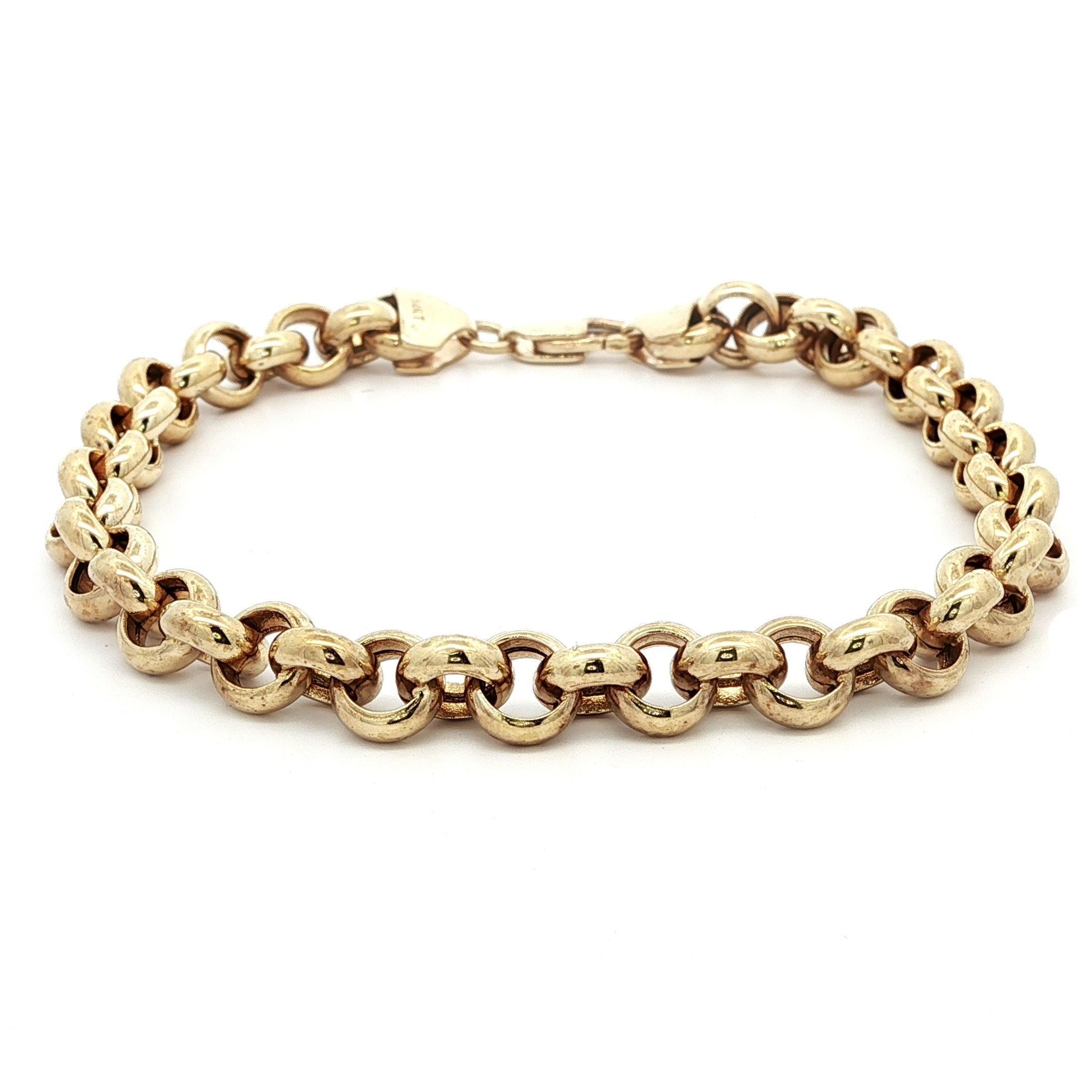 14k Yellow Gold Polished Finish Rolo Link Chain Bracelet w/ Lobster Claw Clasp For Sale 1