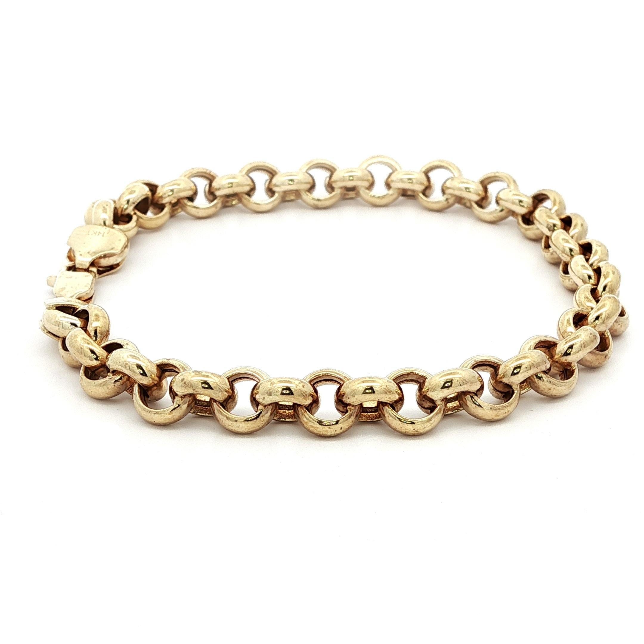 14k Yellow Gold Polished Finish Rolo Link Chain Bracelet w/ Lobster Claw Clasp For Sale 2