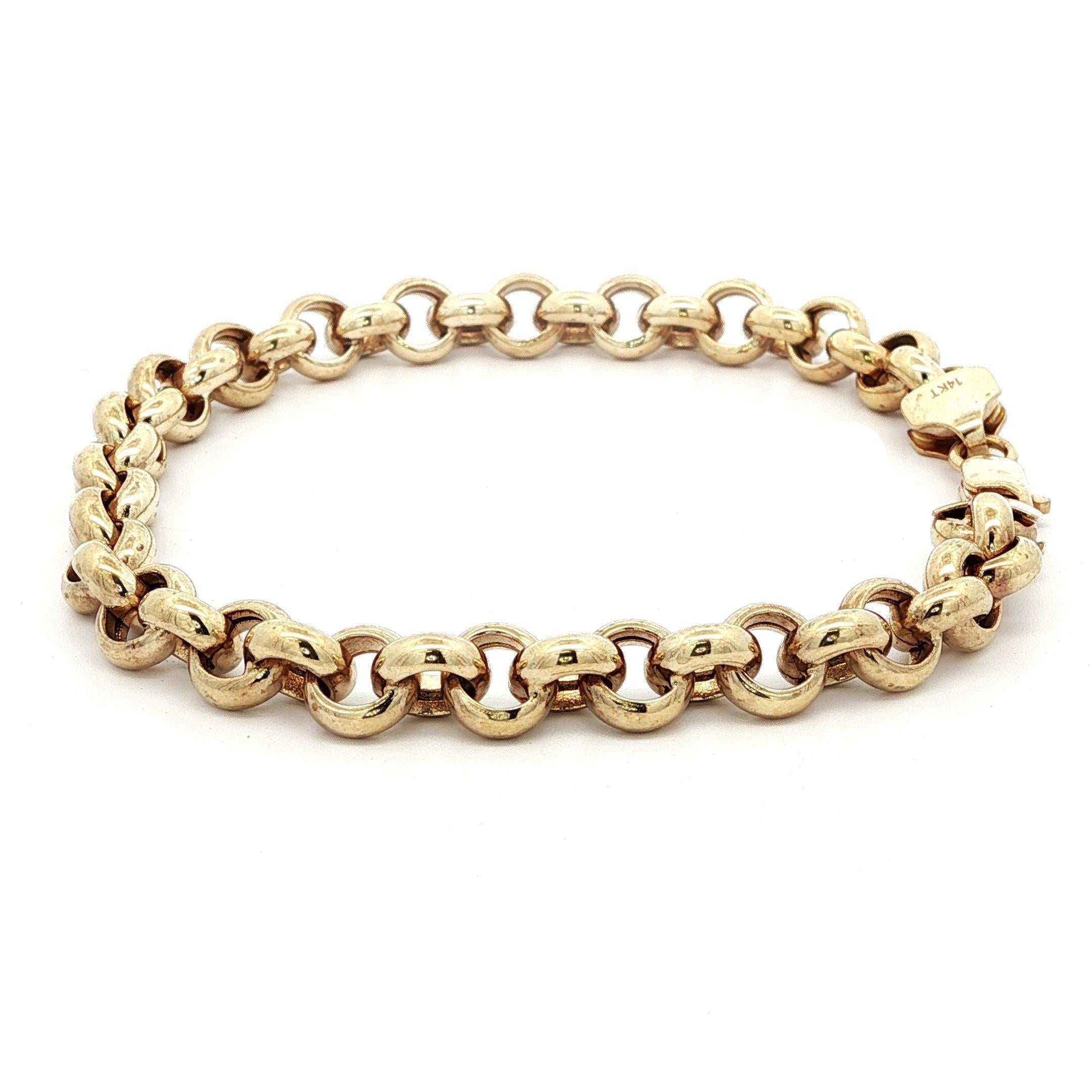 14k Yellow Gold Polished Finish Rolo Link Chain Bracelet w/ Lobster Claw Clasp For Sale 3