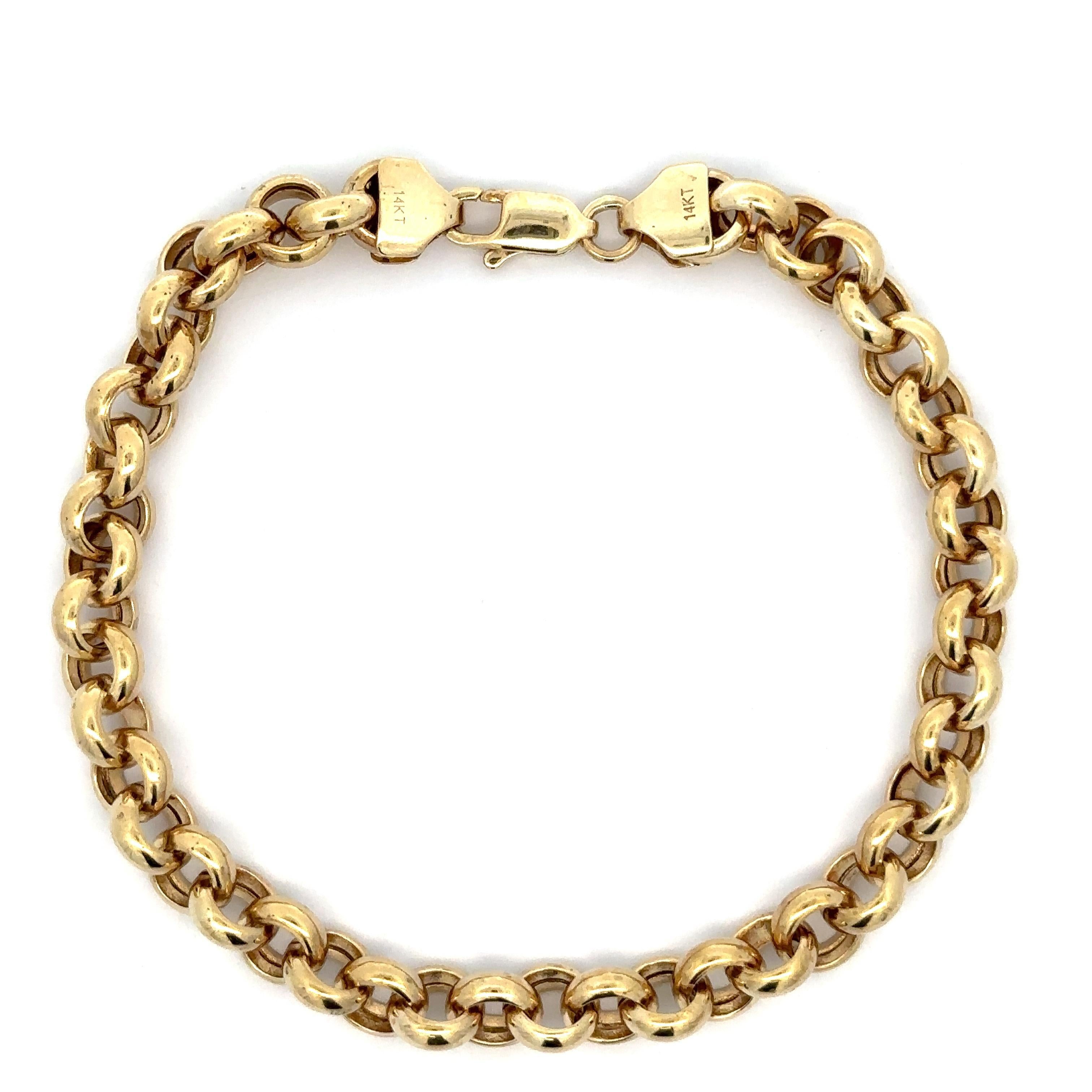 14k Yellow Gold Polished Finish Rolo Link Chain Bracelet w/ Lobster Claw Clasp For Sale 4