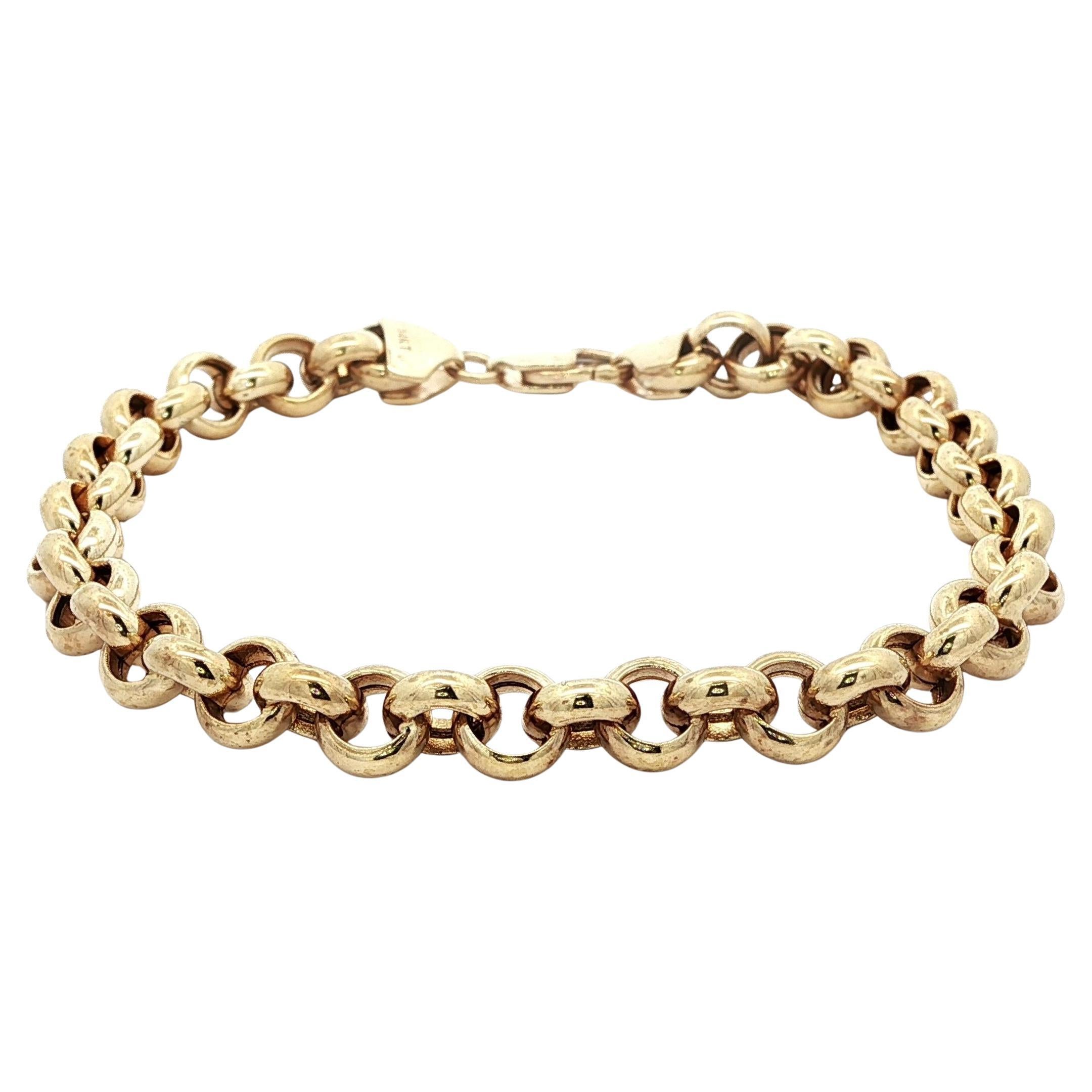 14k Yellow Gold Polished Finish Rolo Link Chain Bracelet w/ Lobster Claw Clasp For Sale