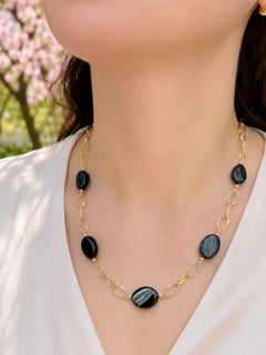 14k Yellow Gold Polished Oval Bead Black Onyx Section Open Link Chain Necklace