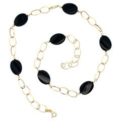 14k Yellow Gold Polished Oval Bead Black Onyx Section Open Link Chain Necklace