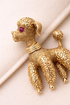 14K Yellow Gold Poodle Brooch with Ruby Eyes