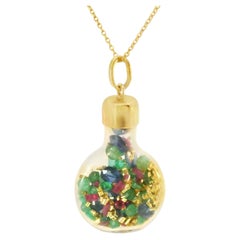 14K Yellow Gold Powder Beads Glass Container Pendant Necklace