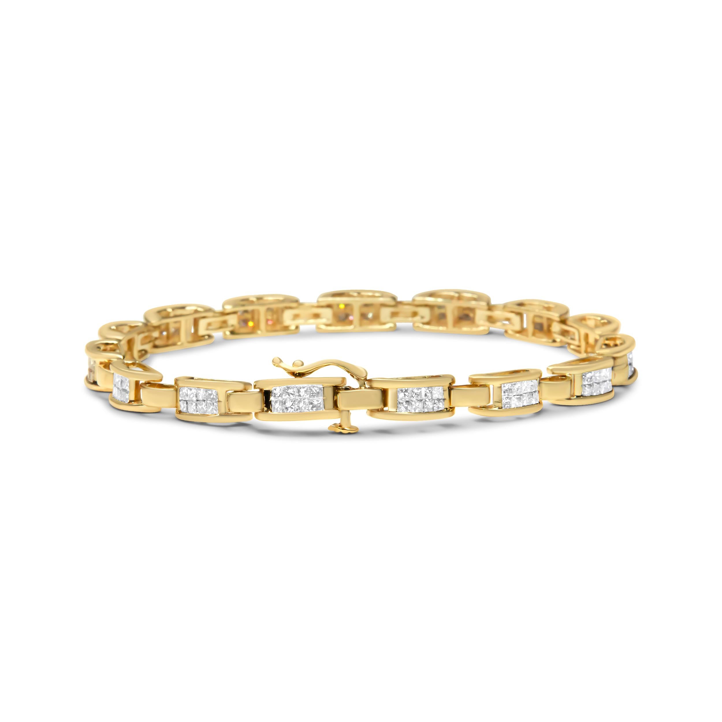 This glistening bracelet is designed with a gold s-link pattern that will shine on you wrist. Each link frames a stunning, natural round-cut diamond in an elegant prong setting. The piece boasts an impressive total diamond weight of 4.0 cttw and is