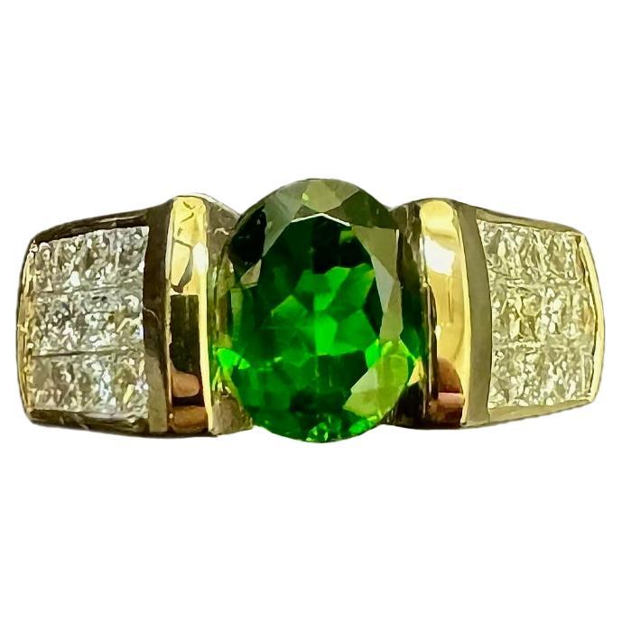 14K Yellow Gold Princess Cut Diamond 1.62 Carat Tsavorite Garnet Engagement Ring