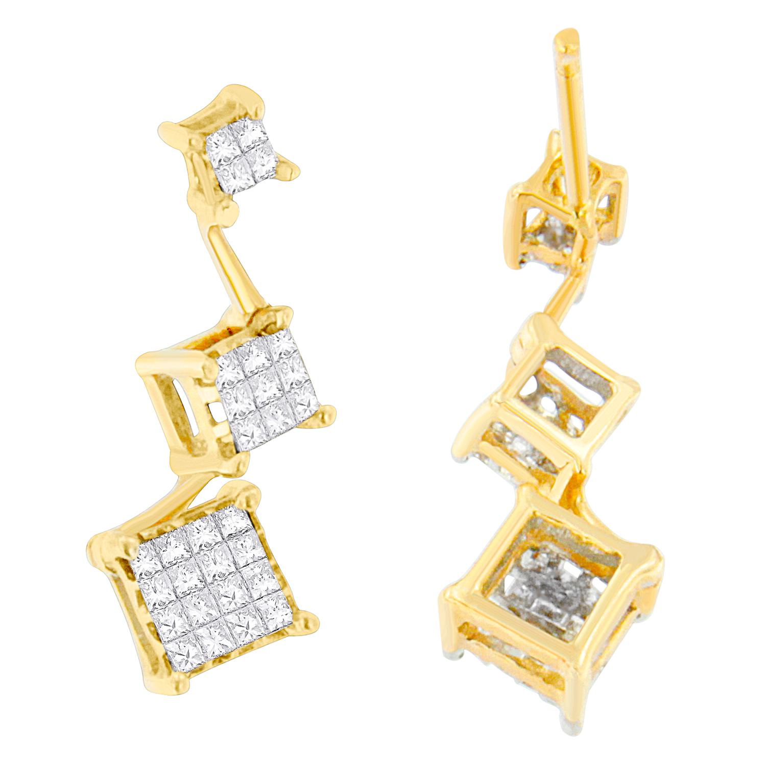 Grace, her look with the dainty style of these diamond earrings. Featuring a modern design, the dangle earrings are crafted in precious 14 karats yellow gold. Each sparkling dangle has a trio of square shape, which is capturing the shimmering