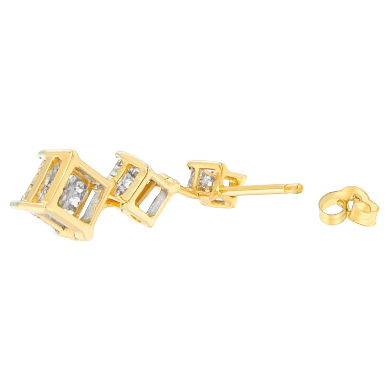 Contemporary 14K Yellow Gold 1.00 Carat Princess-Cut Diamond Earrings For Sale
