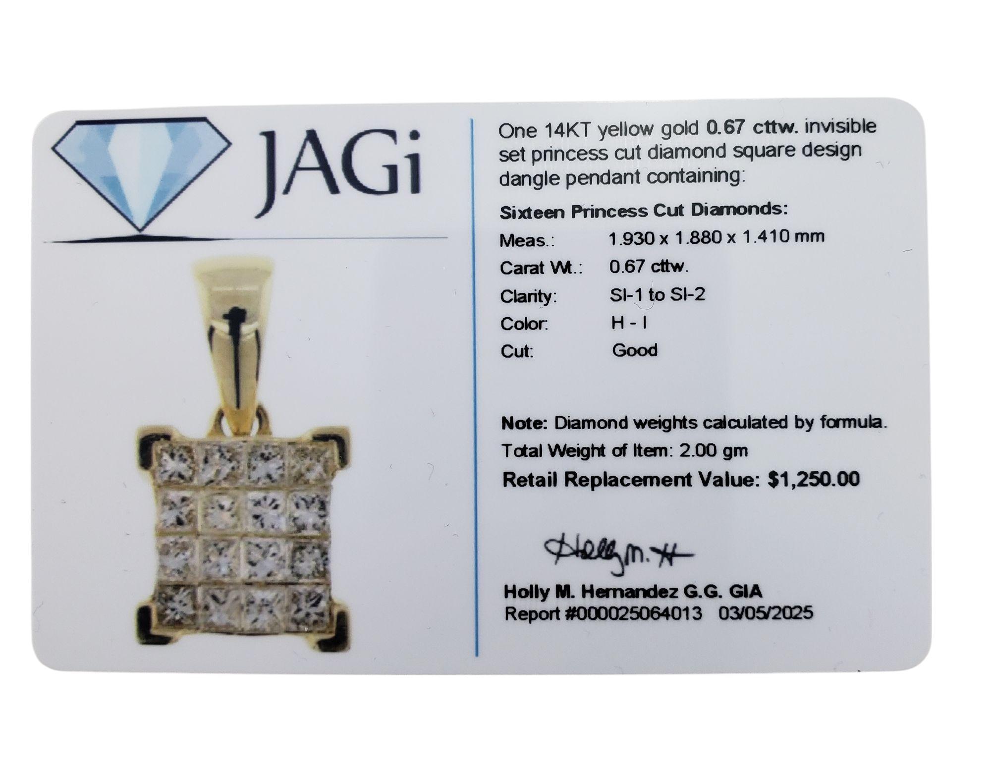 14K Yellow Gold Princess Cut Diamond Pendant  #21194 3