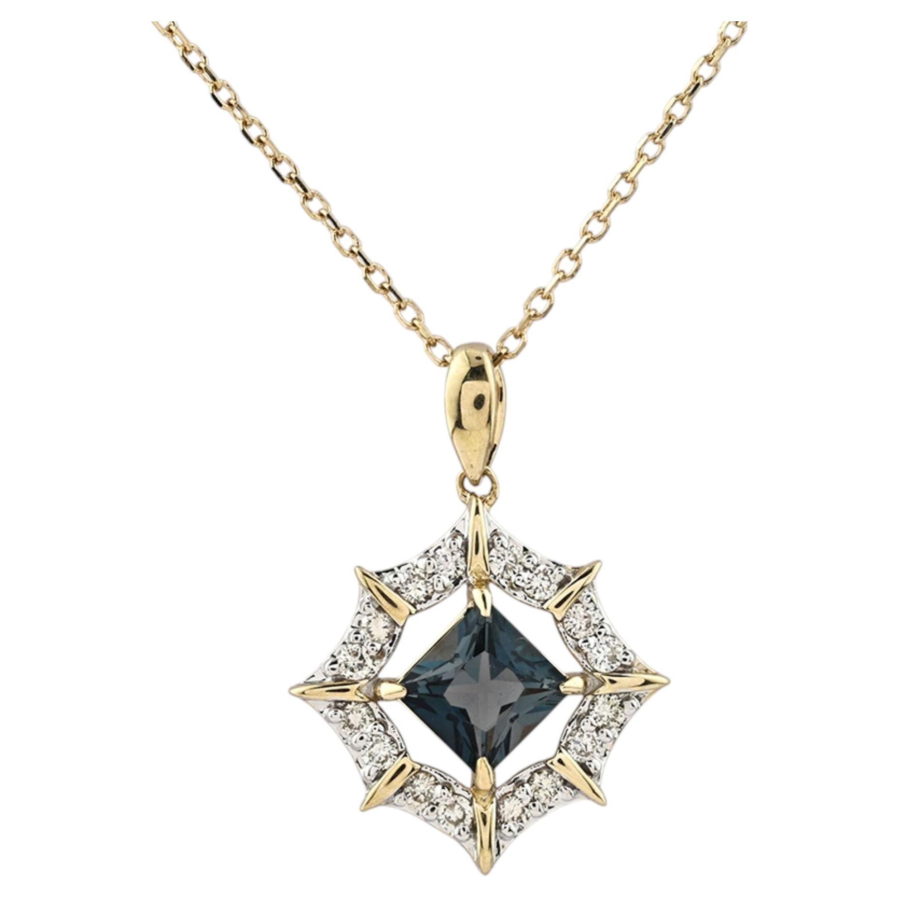 Colgante de oro amarillo de 14 quilates con forma de halo de estrella de topacio azul de Londres de talla princesa en venta