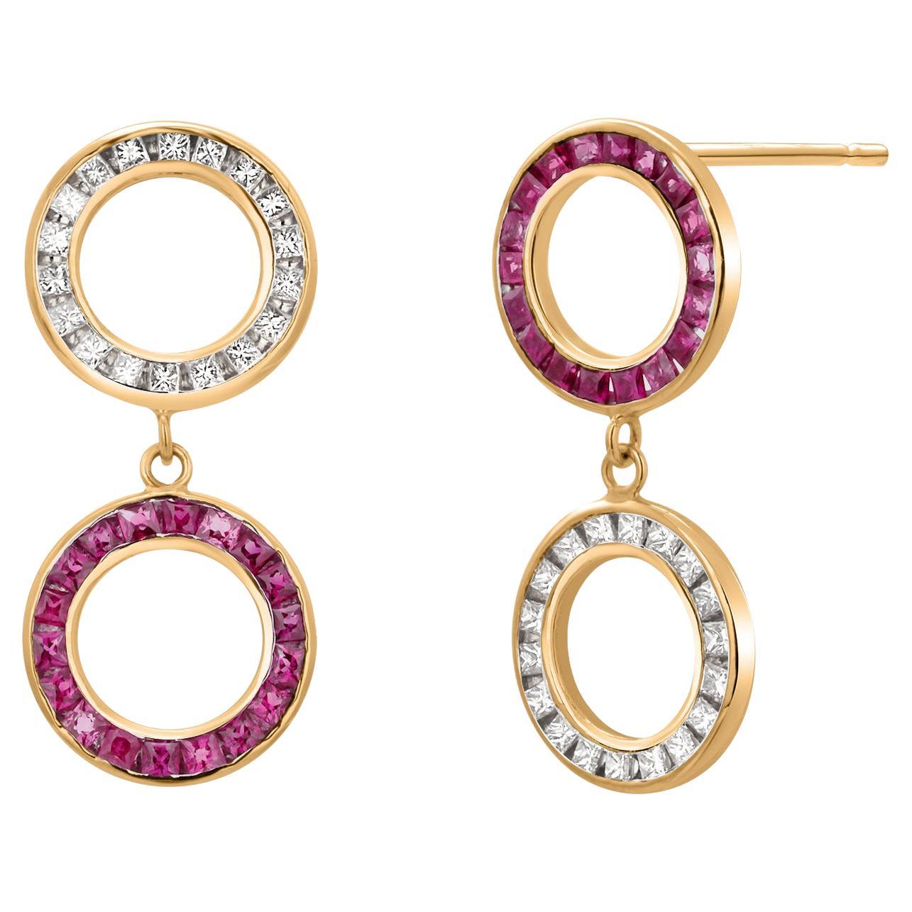 14K Yellow Gold Princess-Cut Ruby and Diamond Circle Earrings
