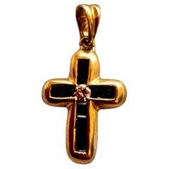 14k Yellow Gold Princess Cut Sapphire & Diamond 1/2" x 1" Cross