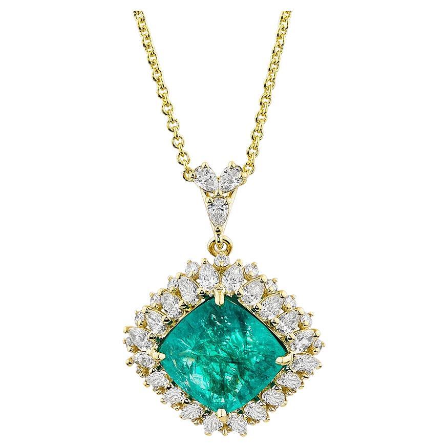 14K Yellow Gold Princess Emerald w/Pear Shape and Round Diamond Necklace For Sale
