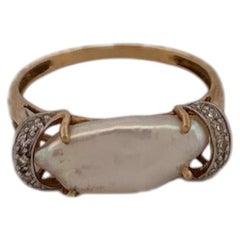 14K Yellow Gold Prong Set Pearl and Diamond Unique Ring