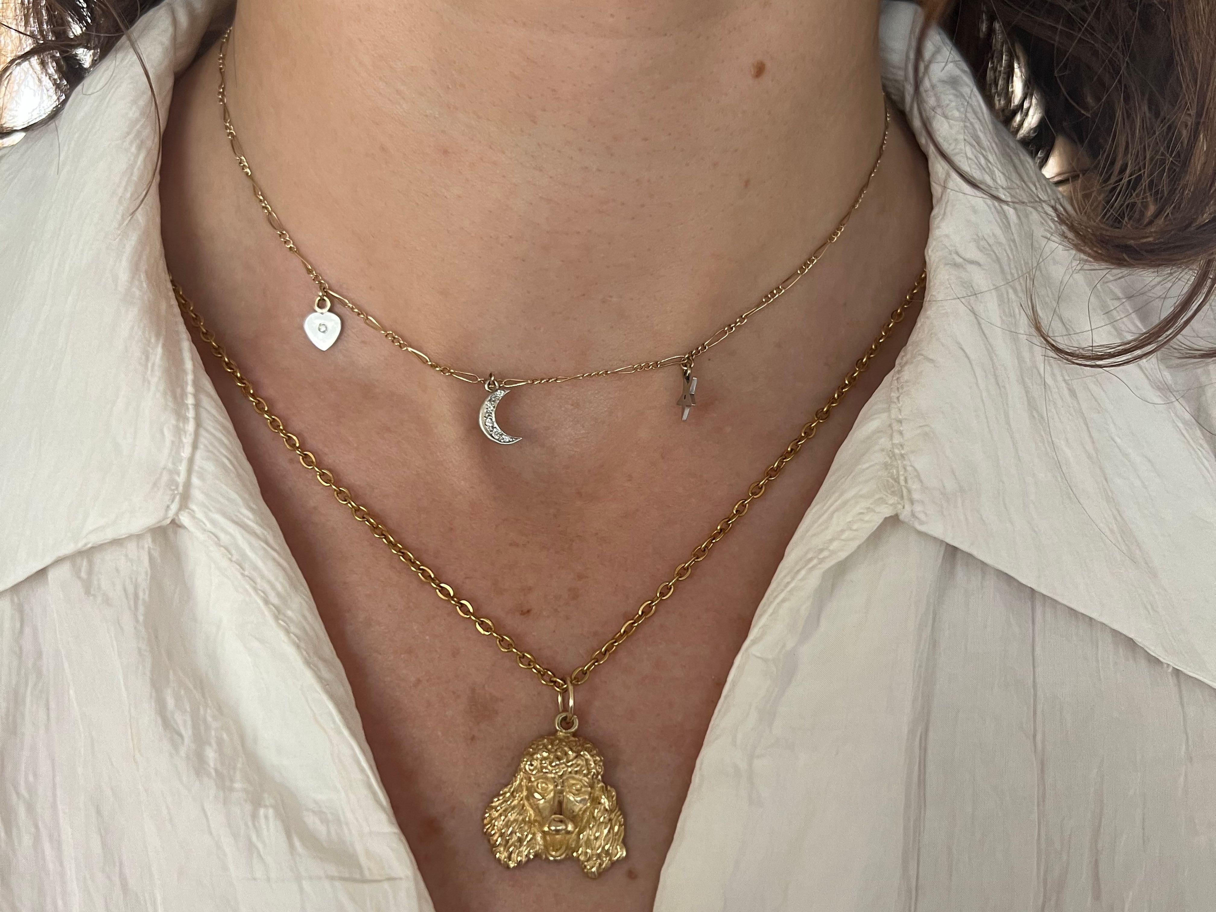 Ce charmant pendentif, fabriqué en or jaune 14k, représente magnifiquement la tête d'un chien caniche, capturant les caractéristiques distinctives et bien-aimées de la race. Le design détaillé met en valeur la fourrure bouclée et le visage expressif