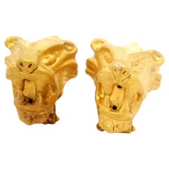 14k Yellow Gold Puffed Detailed Textured Matte Finish Tiger Big Cat Earrings