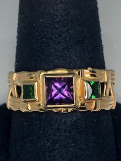 14 Karat Gold Purple and Green Amethyst "Basket Weave" Ring by Patricia Daunis