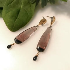 Bi-Color Tourmaline and Black Diamond Briolette 14K Gold Long Dangle Earrings