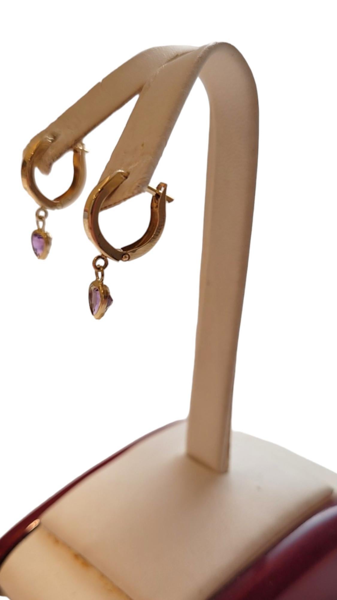 14K Yellow Gold Purple Heart Hoop Earrings #18349 5