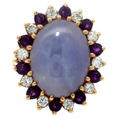Bague en or jaune 14k Jade violet lavande Améthyste alternée et diamant Halo