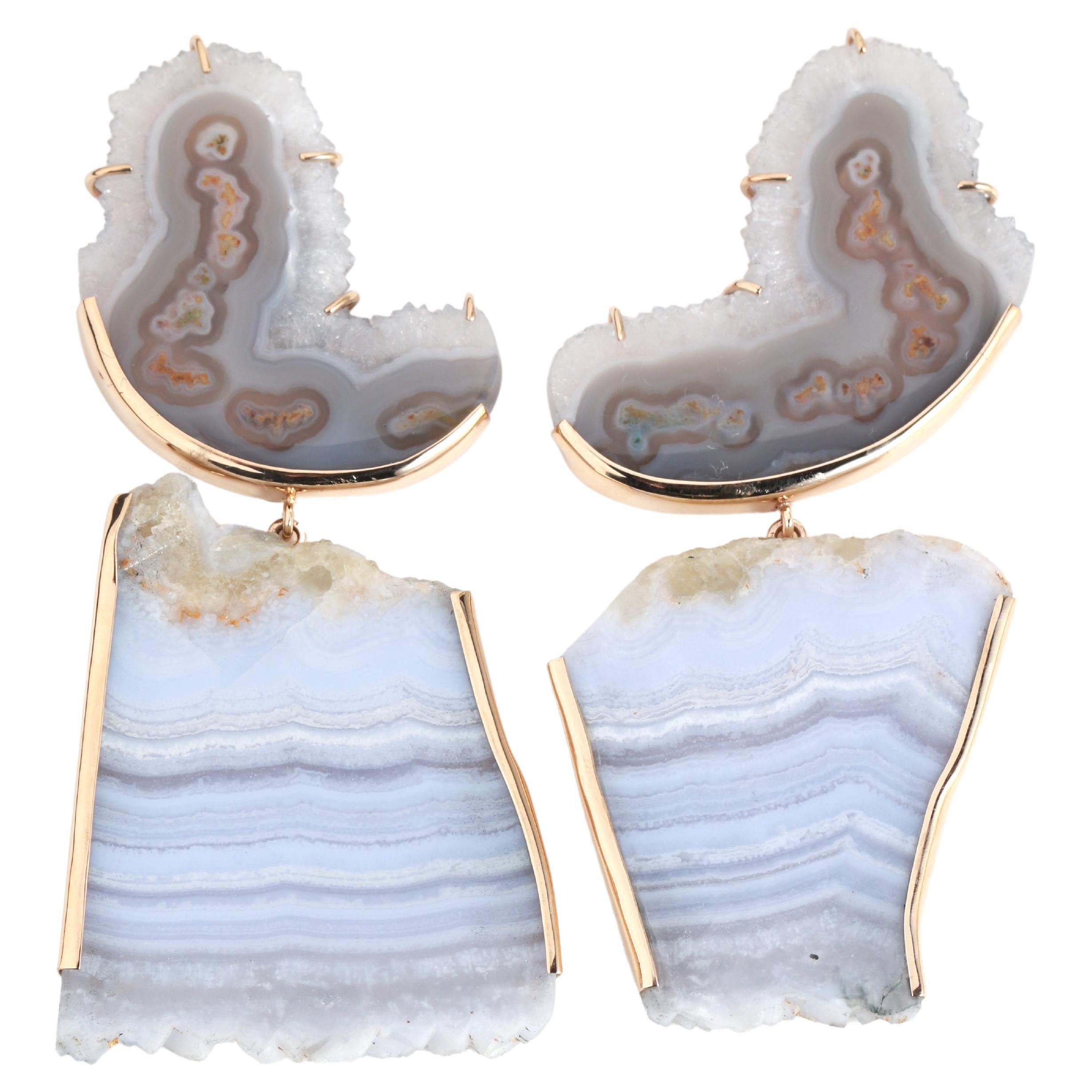 14k Yellow Gold Quartz Chalcedony and Lace Agate Earrings