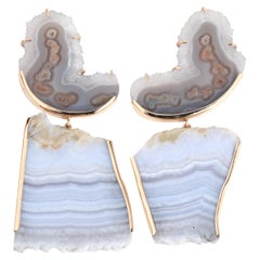 14k Yellow Gold Quartz Chalcedony and Lace Agate Earrings