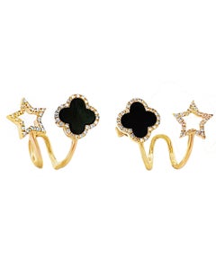 14K Yellow Gold Quatrefoil Black Onyx & Openwork Star Diamond Earrings