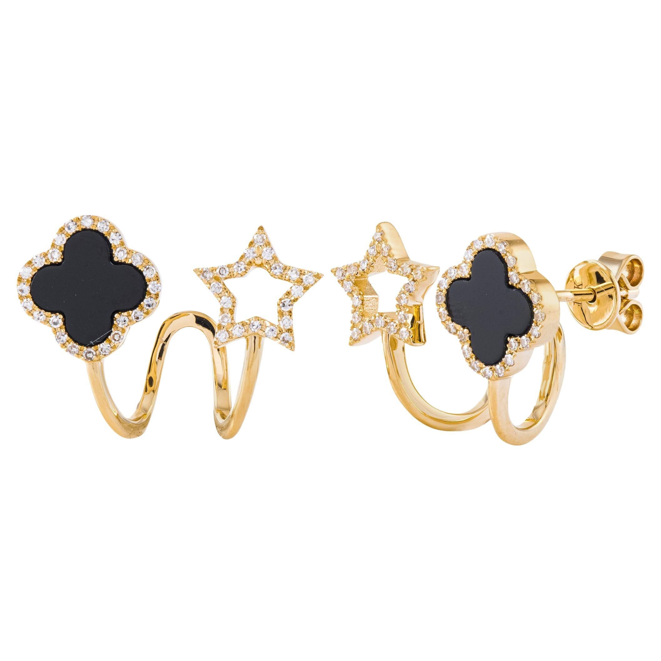 14K Yellow Gold Quatrefoil Black Onyx & Openwork Star Diamond Earrings For Sale