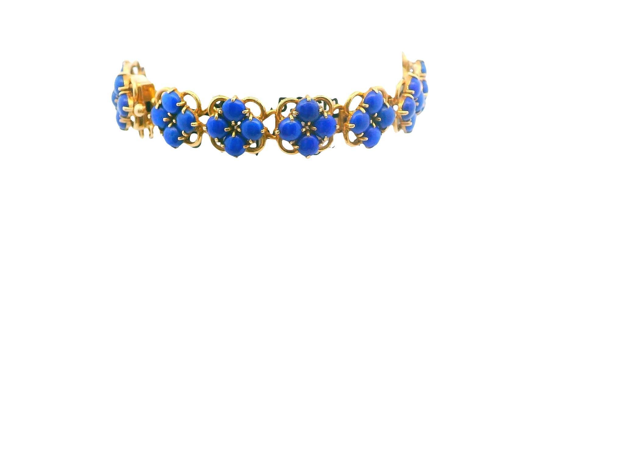 14k Gelbgold Quatrfoil-Muster Lapis-Scheiben-Armband im Zustand „Gut“ im Angebot in Great Neck Plaza, NY