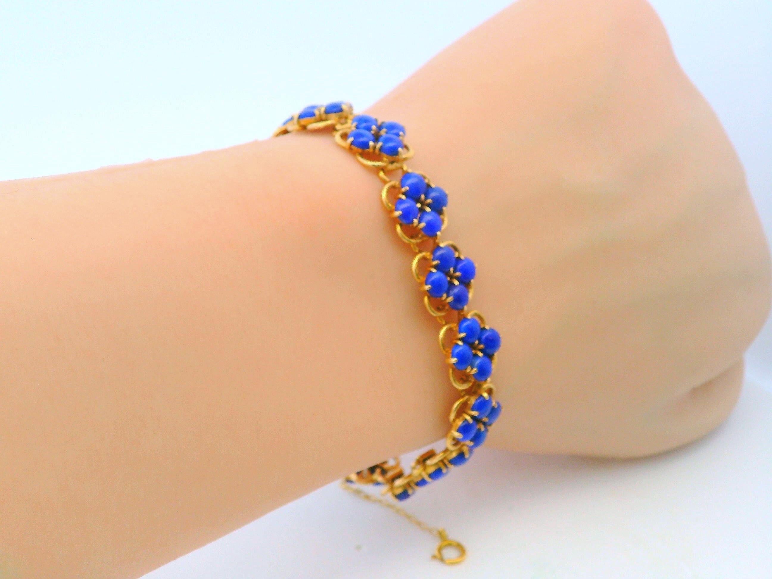 14k Gelbgold Quatrfoil-Muster Lapis-Scheiben-Armband Damen im Angebot