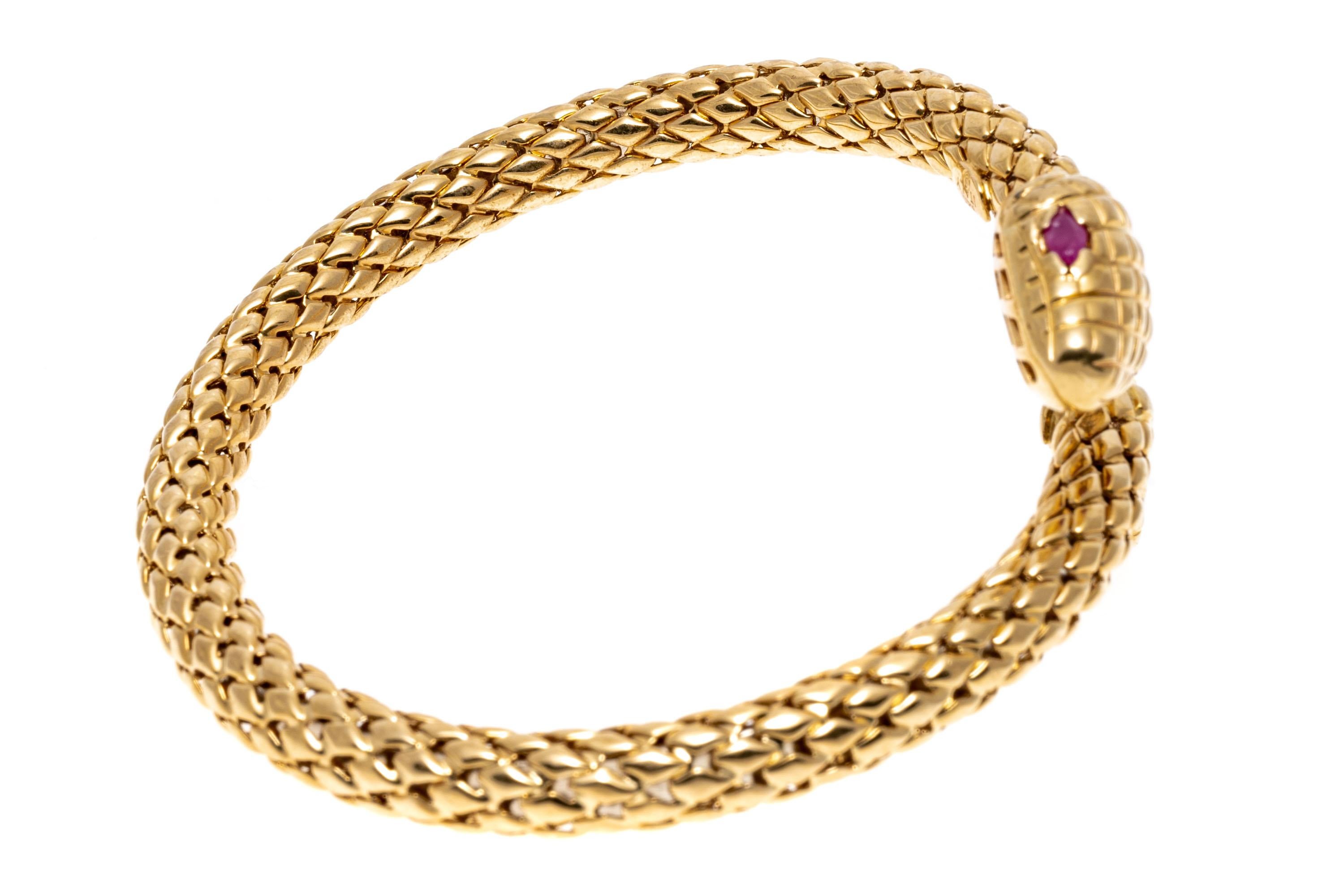 Contemporary 14k Yellow Gold Quilted Coiled Serpent Bracelet, With Ruby Eyes For Sale